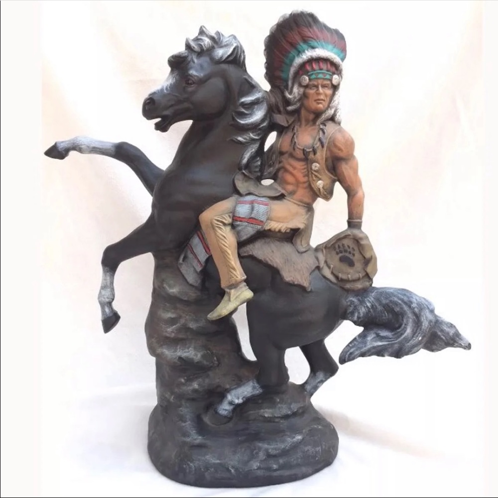 Native American Warrior Stallion Chalk Ware Statue